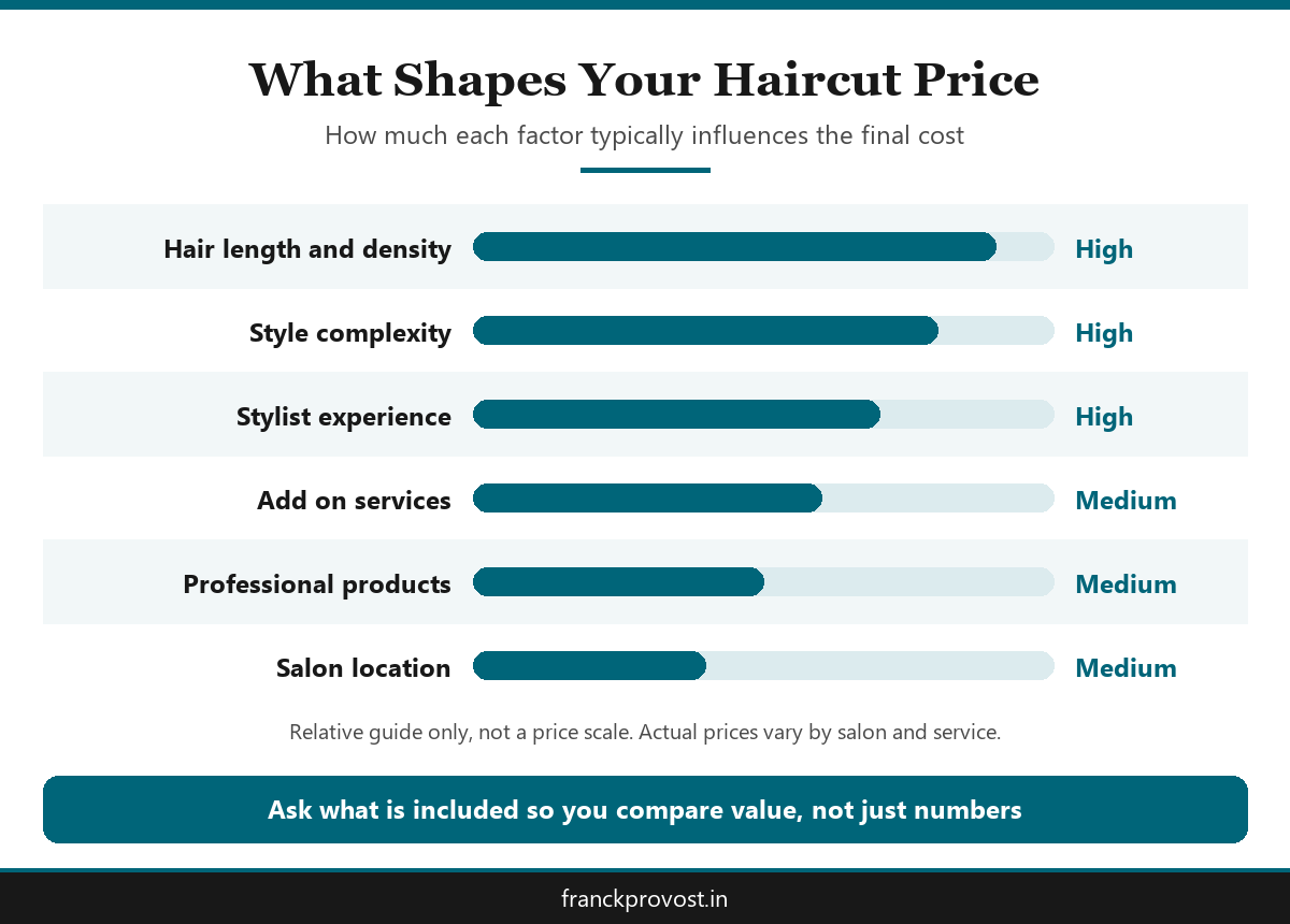 Infographic ranking the factors that influence a haircut price Bangalore salons quote, as a relative guide