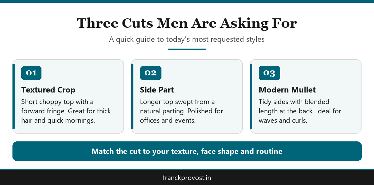 Infographic comparing the textured crop, side part and modern mullet haircuts for men
