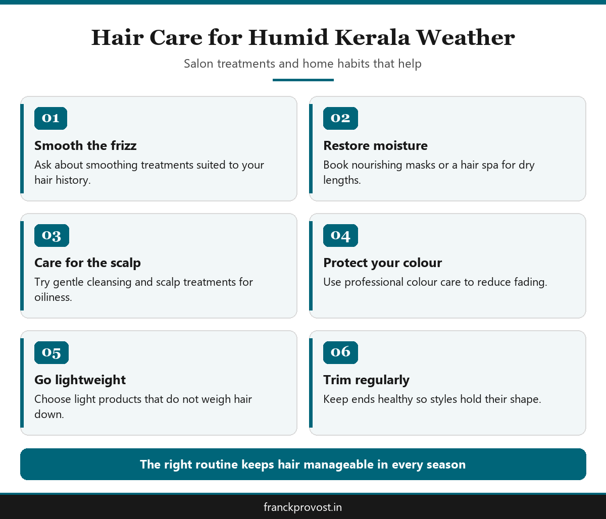 Infographic of humid climate hair care tips from a hair salon Thrissur clients can follow year round