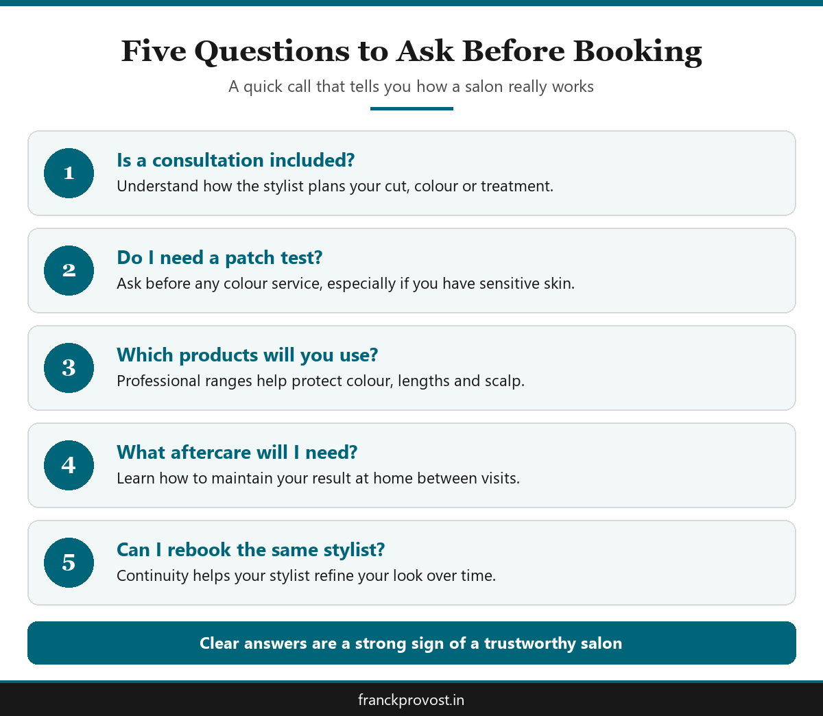 Infographic listing five questions to ask a hair salon HSR Layout residents are considering before the first appointment