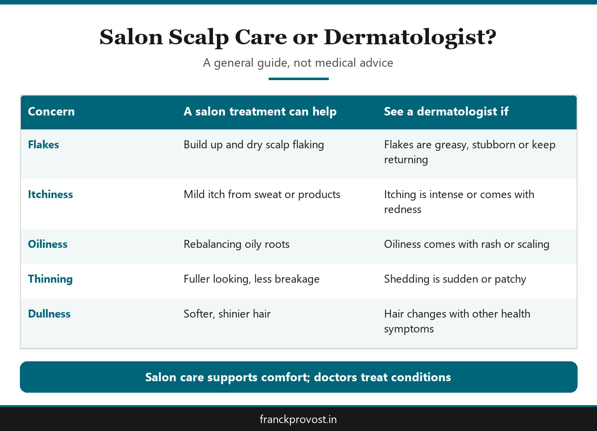 Table infographic showing when a salon scalp treatment helps and when men should see a dermatologist