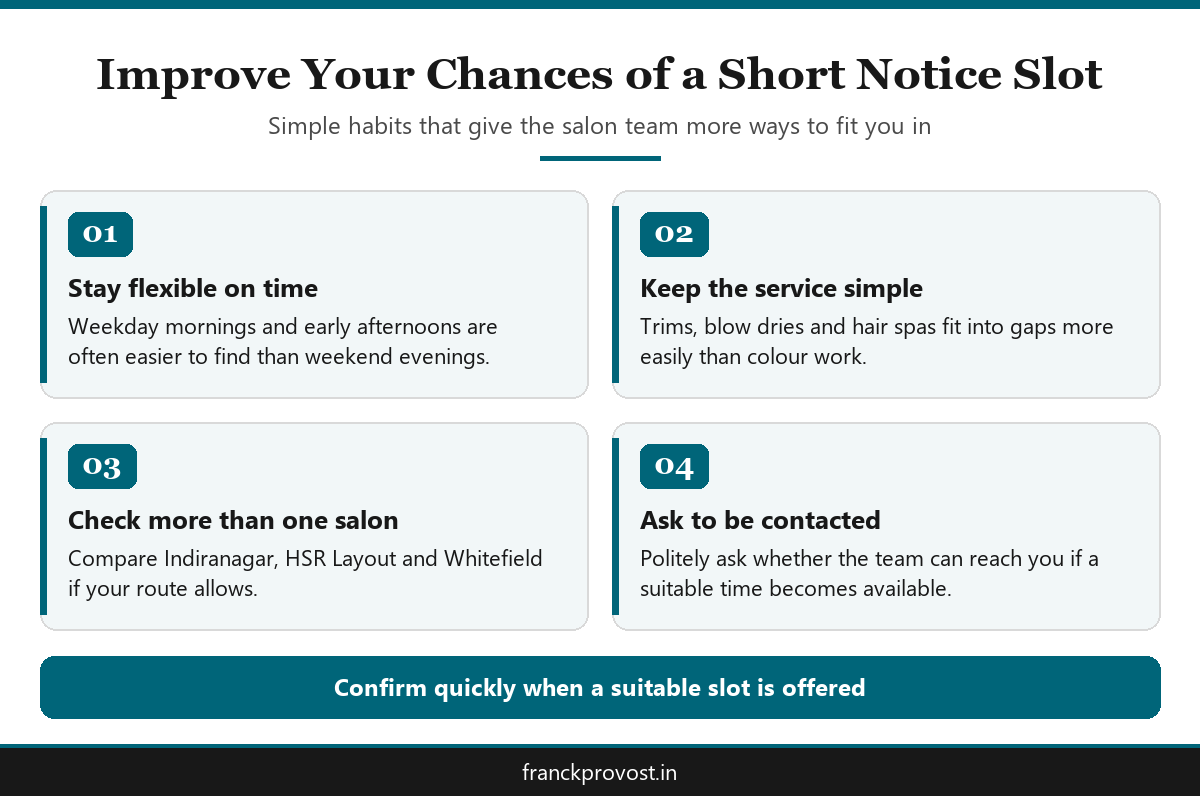 Infographic with four tips to improve your chances of a short notice salon appointment in Bengaluru