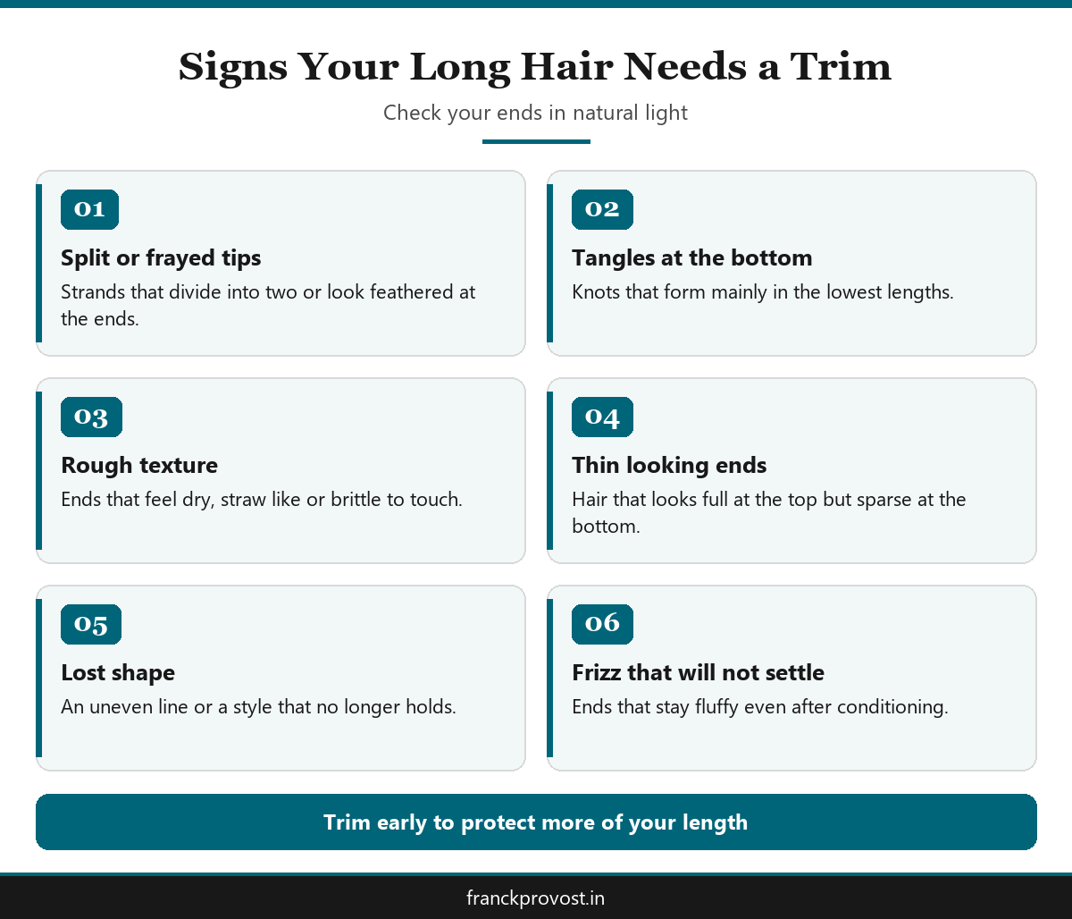 Infographic of six signs you need a split ends trim for long hair